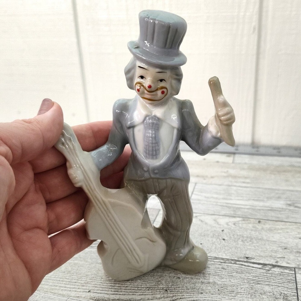 Porcelain‎ Clown with Bass Fiddle Vintage Taiwan Blue‑Gray Figurine